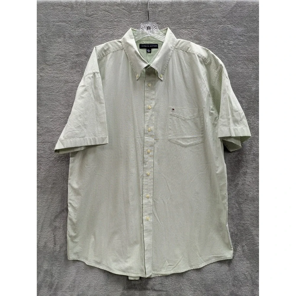 Tommy Hilfiger Short Sleeve Button Down Shirt‎ Mens XXL Green White Striped